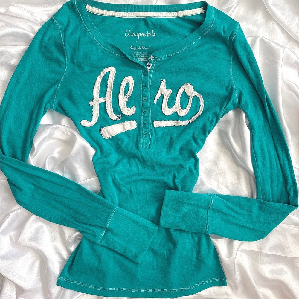 Aeropostale Womens Teal Green Henley Long Sleeve Aero Logo Top Large Y2K